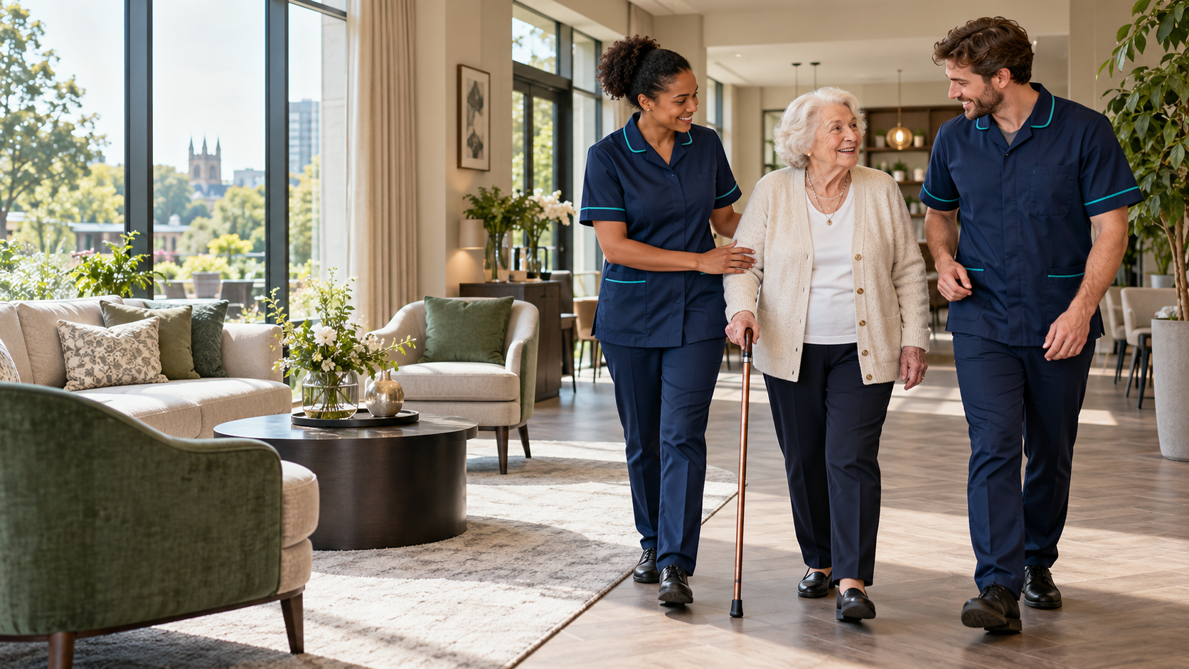 Care professionals supporting an older woman in a bright living environment